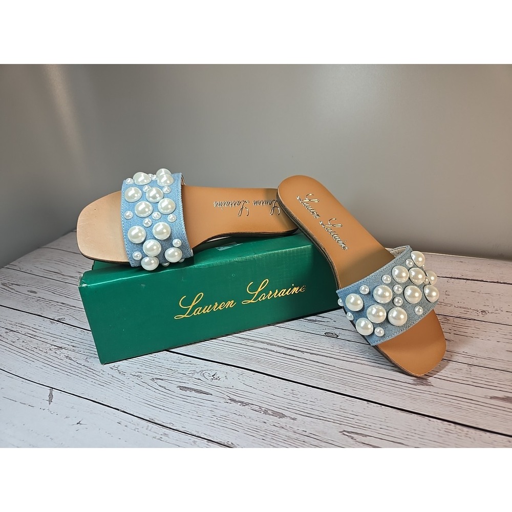 Lauren Lorraine Nilo Pearl Blue Denim Slides Size 6 *New*